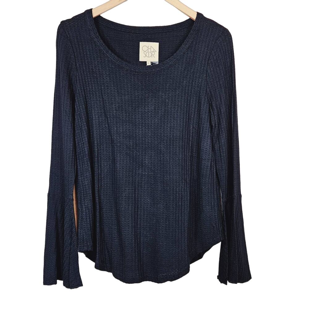 Chaser Black Waffle Knit Long Sleeve Top Size Medium‎
